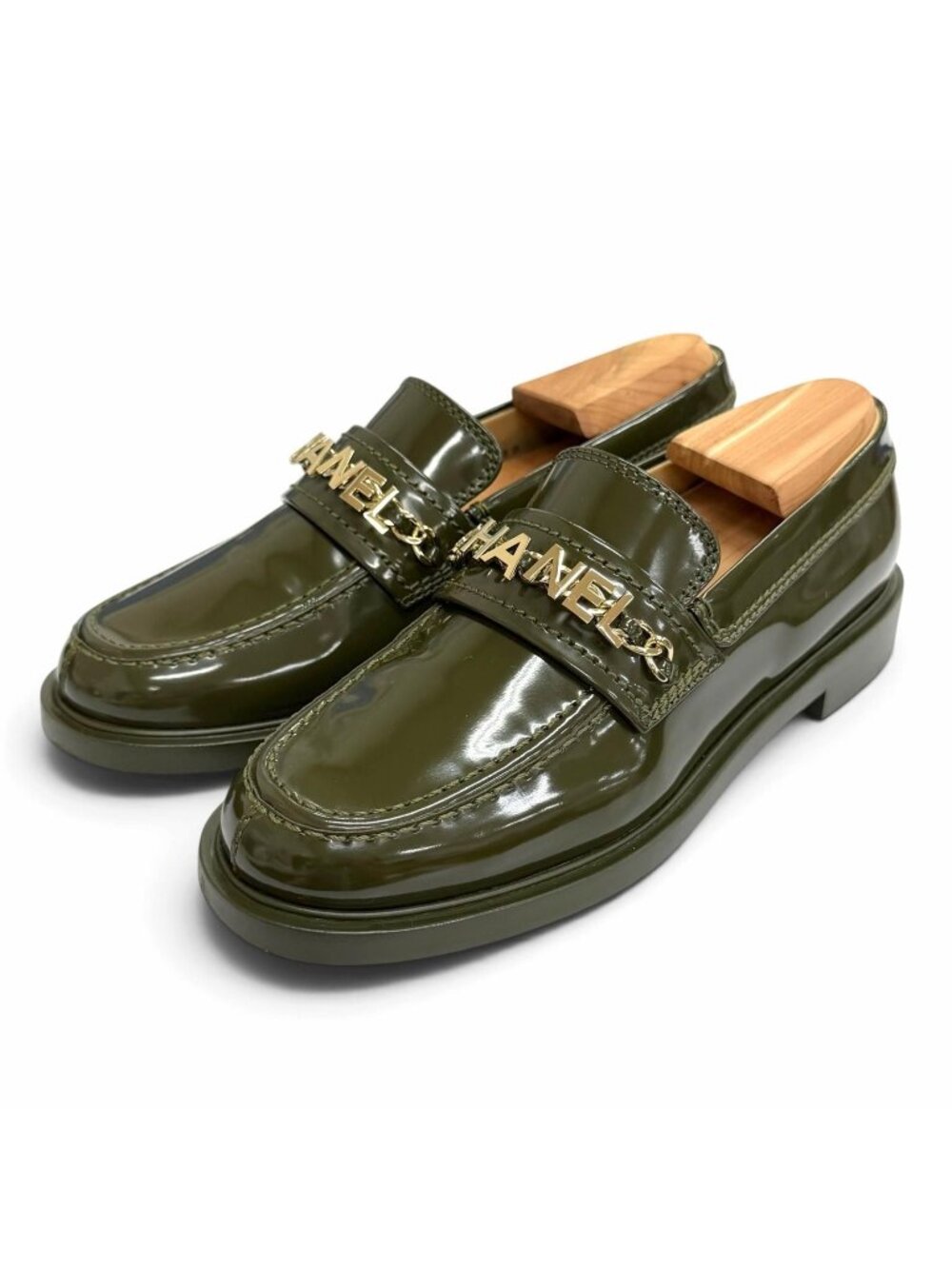 Chanel 22K Patent Leather CC Logo Loafers Dark Green Gold